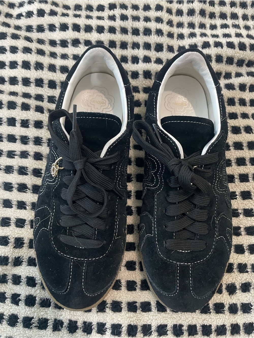 38 Maje Black Suede Lace-Up Sneakers with White Trim